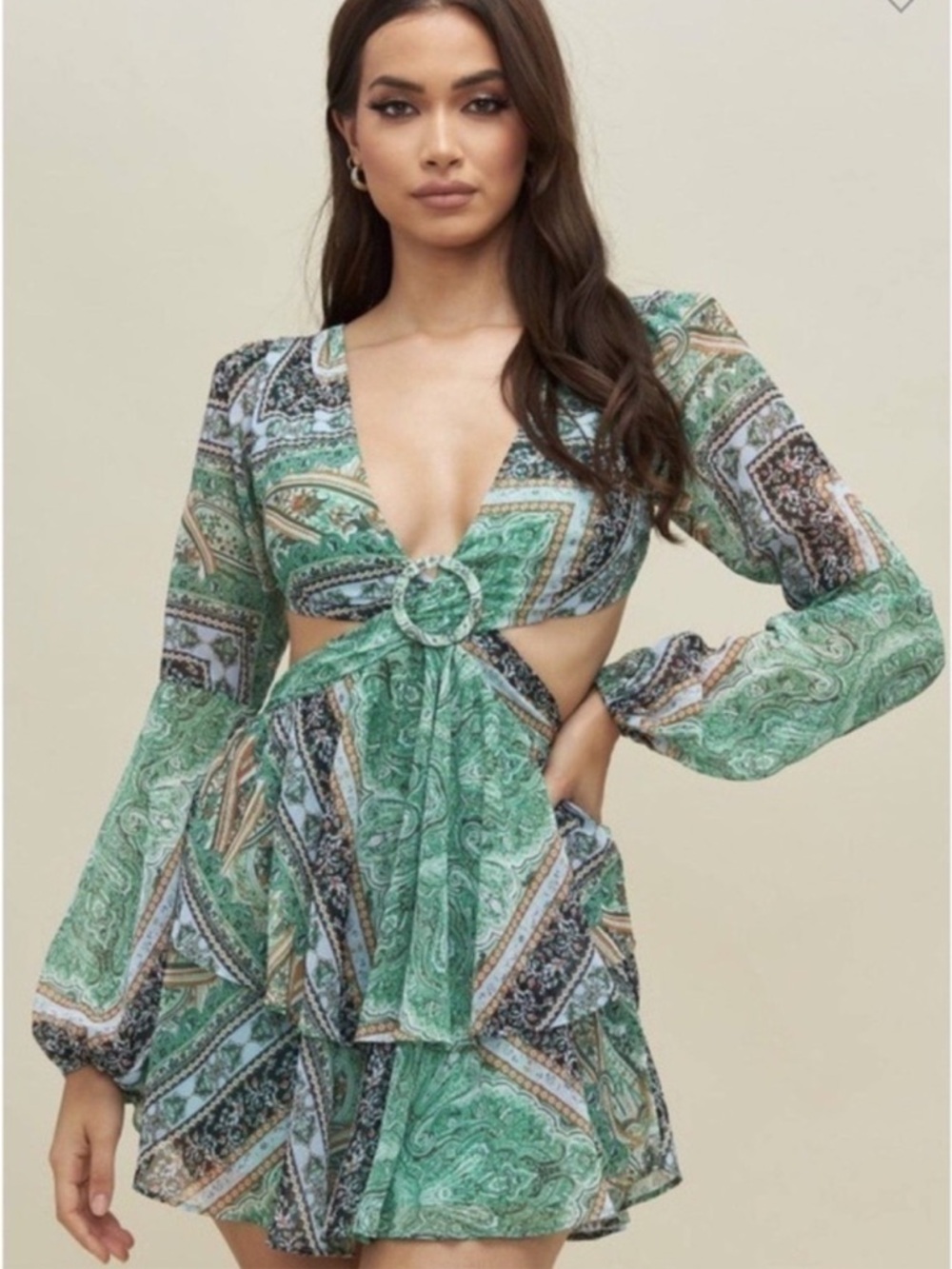 Luxxel Green Paisley Print Cut-Out Ruffle Mini Dress Size Medium NWT